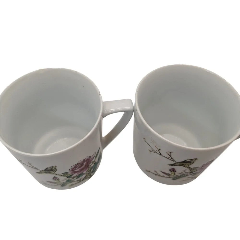 Vintage Chinese Footed Teacup Lidded Asian Rose Floral Bird‎ Set of Two SEE